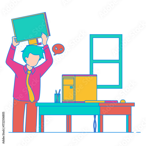Angry worker. Frustrated person holding computer monitor with evil eye symbol isolated on transparent background.