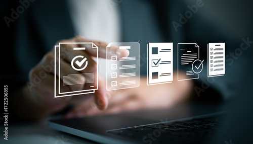 Businesswoman interacting with digital checklist documents on virtual interface. Concepts of task management, workflow, approval process, productivity, digital transformation and planning.