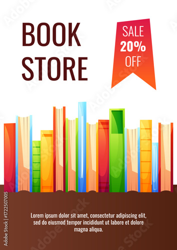 Poster with colorful books on a bookshelf, with the text bookstore, sale 20 percent. A poster template for a book market. Bibliophile, bookstore, library, reading concept. World Book Day.