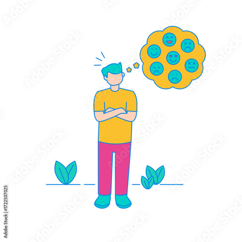 Daydreaming of Food. Man thinking about different emotions isolated on transparent background.
