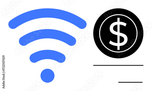 Blue wireless signal next to a black dollar coin symbol. Ideal for connectivity, technology, finance, digital payments, online services, subscription models, telecommunication. A simple flat metaphor