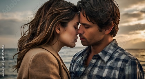 A man and woman lean in close, eyes closed, about to kiss under romantic scene