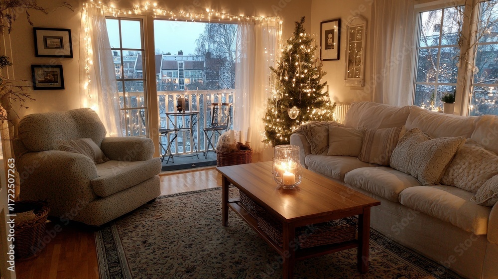 Fototapeta premium Cozy living room with armchair, carpet, and Christmas tree decorated with warm lights, soft glow from candles and window, comfortable holiday interior with sofa, coffee table, and festive atmosphere