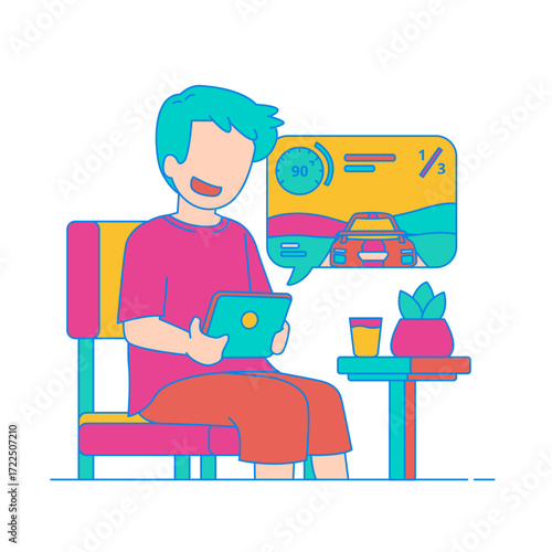 Playing Esport. Person playing a racing game on a tablet isolated on transparent background.