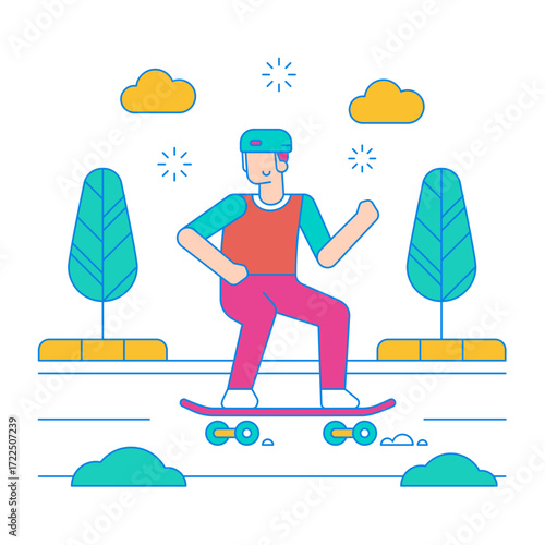 Skateboard. Young man skateboarding in a park with trees and clouds isolated on transparent background.