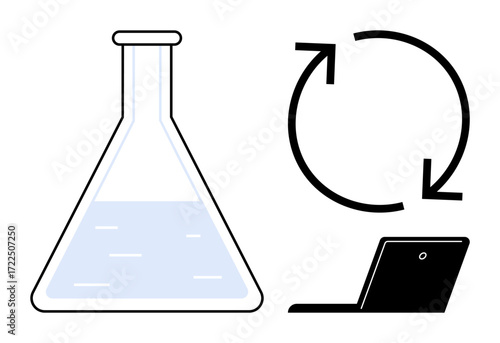 Laboratory flask partially filled with liquid, curved refresh arrows, and a laptop symbolizing research, innovation, and continuous learning. Ideal for technology, education, chemistry, progress