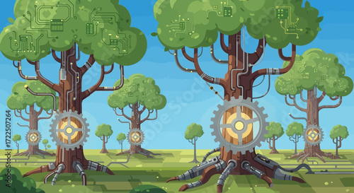 Digital Trees with Integrated Circuitry and Gears.