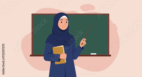 Muslim Teacher in Classroom with Chalkboard and Laptop