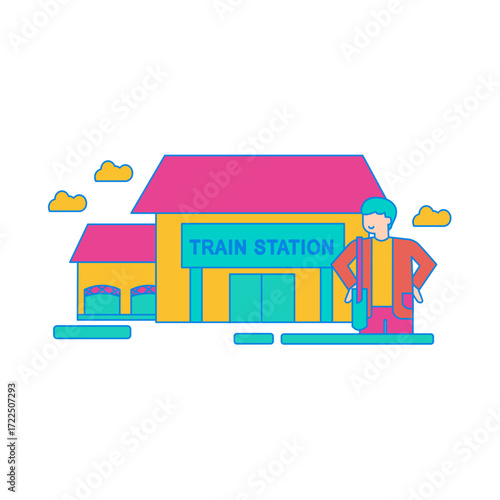 Train Station. Stylized illustration of a man standing at a colorful train station isolated on transparent background.