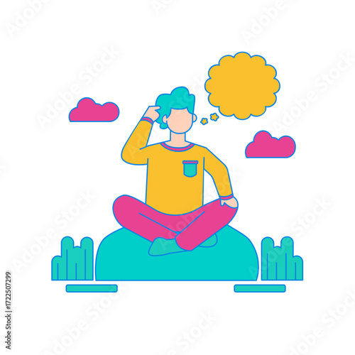 Thoughts bubbles. Man meditating with thought bubble and clouds isolated on transparent background.