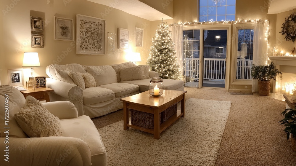 Fototapeta premium Cozy living room with armchair, carpet, and Christmas tree decorated with warm lights, soft glow from candles and window, comfortable holiday interior with sofa, coffee table, and festive atmosphere