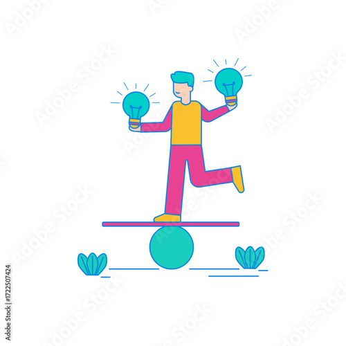 Balancing Ideas. Man balancing on a seesaw with lightbulbs representing ideas isolated on transparent background.