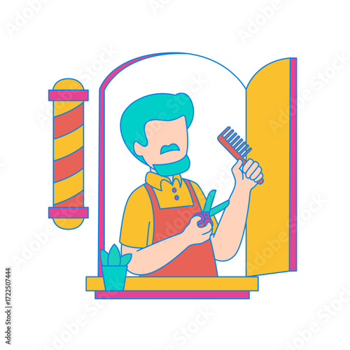 Barber. Cartoon barber with scissors and comb isolated on transparent background.