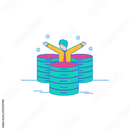 Big Data. Happy man celebrating on top of stacked data servers isolated on transparent background.