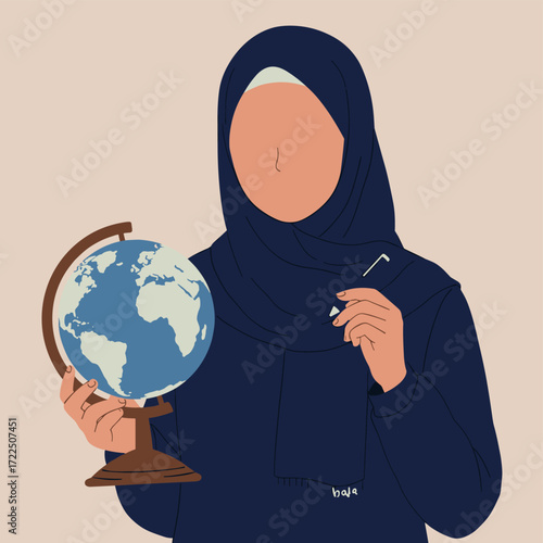 Muslim Woman Teacher with Globe and Pointer