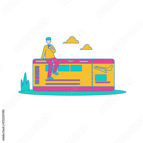 Booking Tickets. Man sitting on airplane ticket with clouds isolated on transparent background.