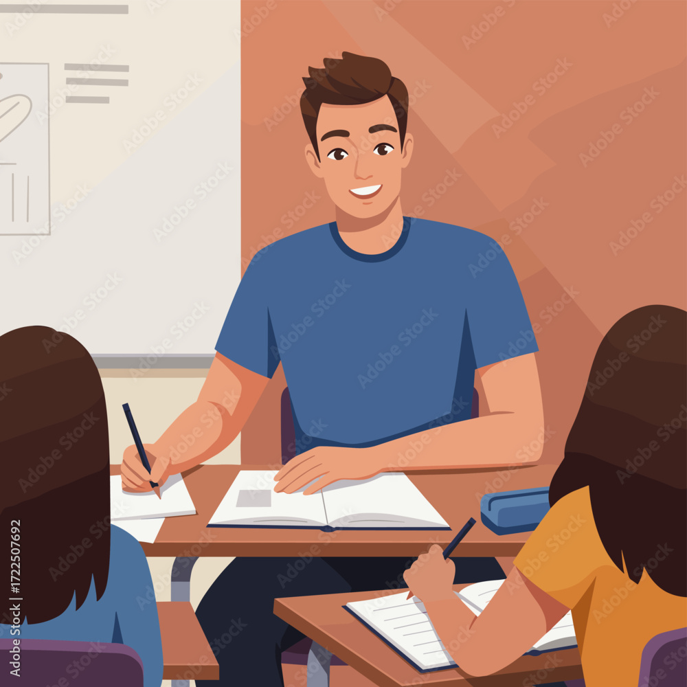 Fototapeta premium Cheerful Teacher Engaging Students in Classroom with Tablet and Chalkboard