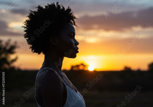 Woman silhouette sunset serenity
