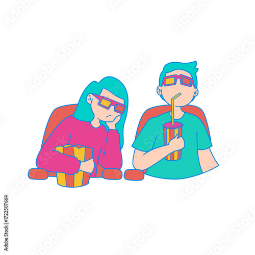 Couple in Cinema. Bored couple watching a movie in 3d glasses with popcorn and drink isolated on transparent background.