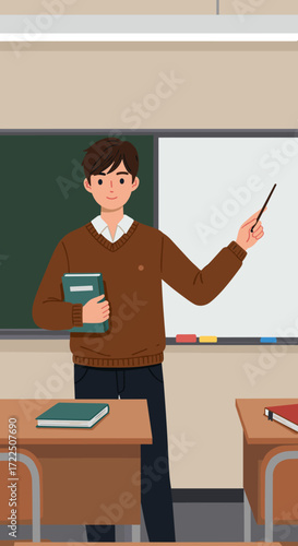 Young Teacher Lecturing in Classroom with Chalkboard and Desk