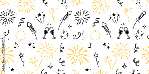 Doodle firework seamless pattern. Festive doodle background with hand drawn sparkler, confetti, and party elements for birthday or new year celebration seamless pattern. Vector illustration