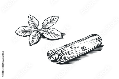 Wood log and leaves graphic. Vector hand drawn illustration