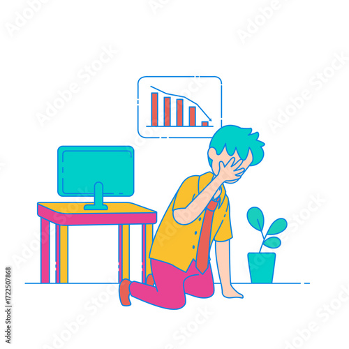 Failure. Frustrated businessman with falling graph and computer isolated on transparent background.