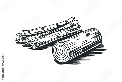 Pile of wood logs with detailed texture and hatching. Vector hand drawn illustration