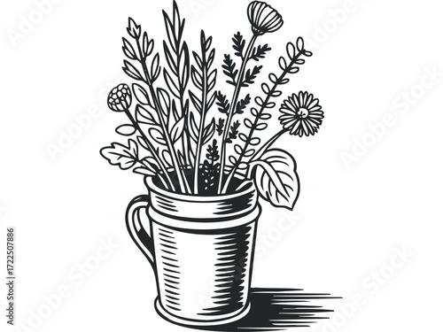Line art bouquet of wildflowers in a jug. Vector hand drawn illustration