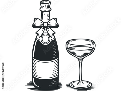Bubbly beverage bottle with bow and coupe glass. Vector hand drawn illustration