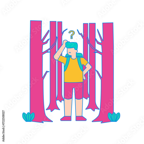 Getting Lost. Confused hiker lost in a pink forest isolated on transparent background.