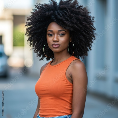 Woman with curly hair and orange top