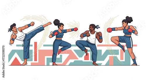 Diverse Group of Martial Arts Fighters Training Together.