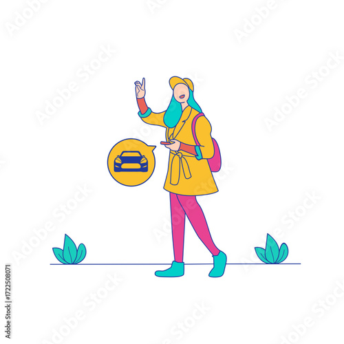 Hailing Uber. Woman hailing a ride with a car icon on her phone isolated on transparent background.