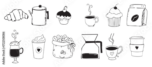 coffee doodle set sketchy hand drawn set icon sack with