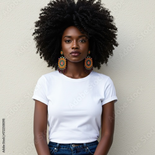 Woman with earrings and short sleeves t shirt