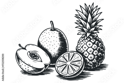 Line art composition of pineapple, pear, orange slice, and halved peach. Vector hand drawn illustration