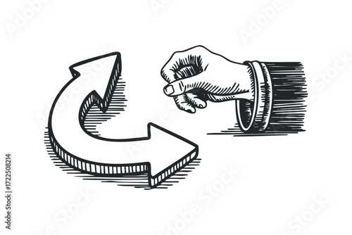 Hand gesture interacting with revolving arrow symbol. Vector hand drawn illustration