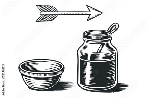 Hand drawn arrow over bottle and bowl. Vector hand drawn illustration