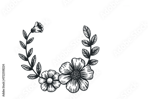 Hand drawn floral wreath with blooming flowers and leaves. Vector hand drawn illustration