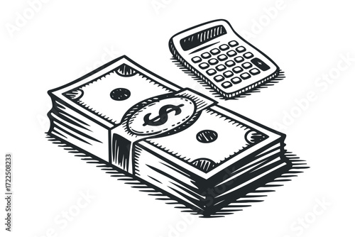 Stack of Money and Calculator Sketch. Vector hand drawn illustration