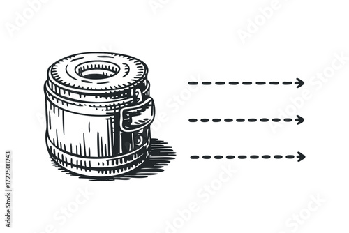Lined Sketch Of A Barrel And Dotted Arrows. Vector hand drawn illustration