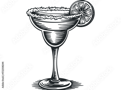 Cocktail Glass with Lime Slice and Salt Rim. Vector hand drawn illustration