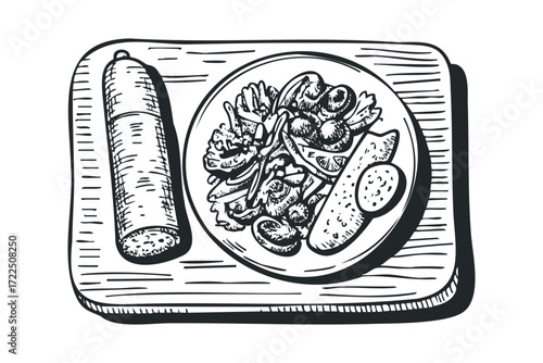 Hand drawn sausage with salad on wooden board. Vector hand drawn illustration