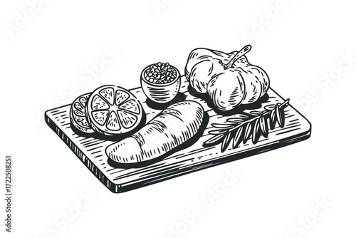 Sketch of ingredients on wooden board. Vector hand drawn illustration