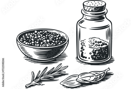 Bowl of pepper peppercorns rosemary and cardamom pods. Vector hand drawn illustration