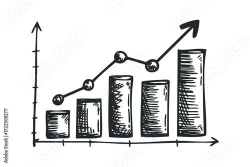 Hand drawn bar chart showing increasing data trend with rising arrow. Vector hand drawn illustration
