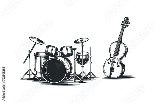 Drum Set and Violin Silhouette. Vector hand drawn illustration