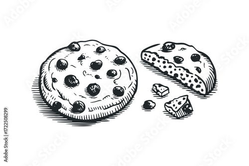 Chocolate chip cookie with crumbs sketch. Vector hand drawn illustration
