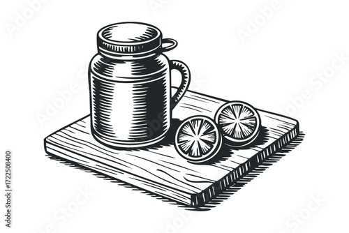 Glass jar with citrus slices on wood cutting board. Vector hand drawn illustration